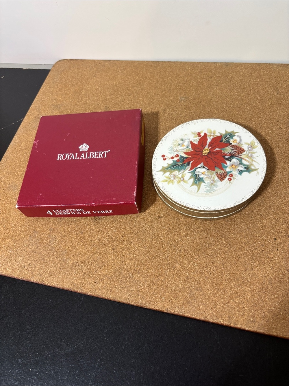 Royal Albert Poinsettia Holiday Coaster Set of 4 Vintage Christmas